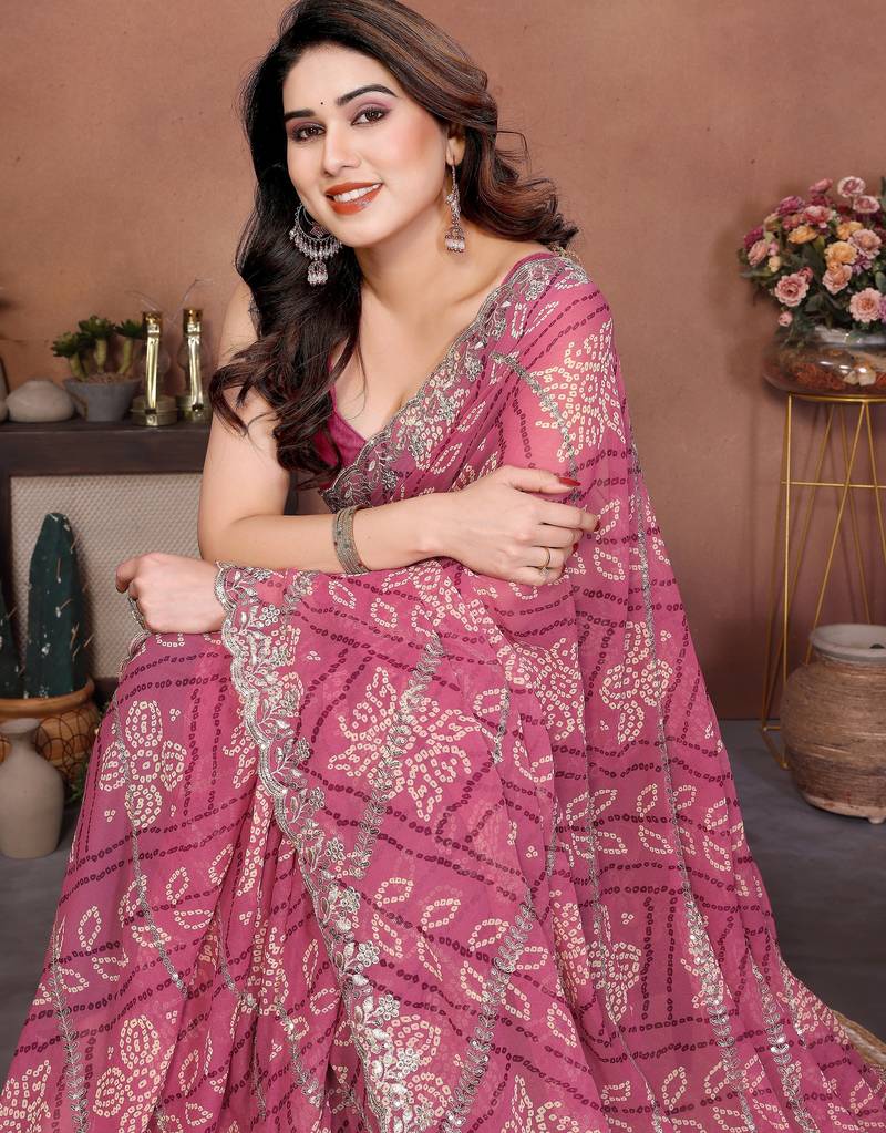 Glamorous pink sequins embroidered georgette designer wedding saree