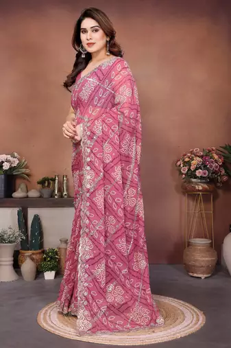 Glamorous pink sequins embroidered georgette designer wedding saree