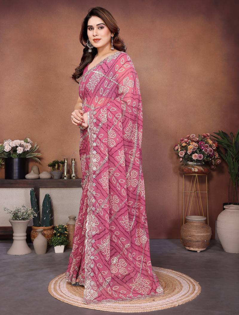 Glamorous pink sequins embroidered georgette designer wedding saree