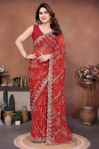Graceful red sequins embroidered georgette designer party wear saree