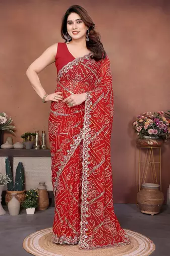 Graceful red sequins embroidered georgette designer party wear saree