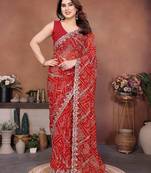 Graceful red sequins embroidered georgette designer party wear saree
