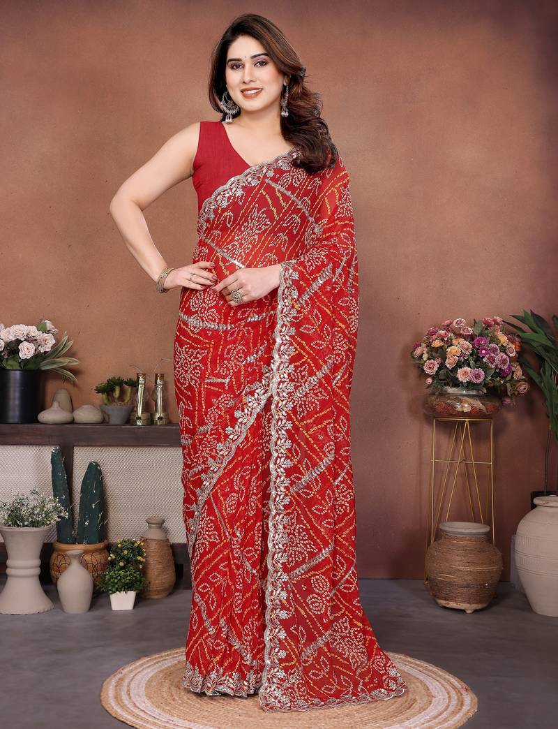 Graceful red sequins embroidered georgette designer party wear saree