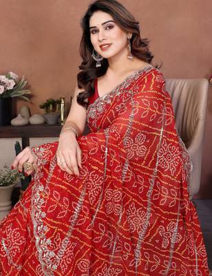 Graceful red sequins embroidered georgette designer party wear saree 2