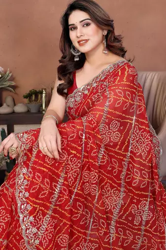 Graceful red sequins embroidered georgette designer party wear saree