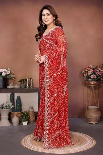 Graceful red sequins embroidered georgette designer party wear saree