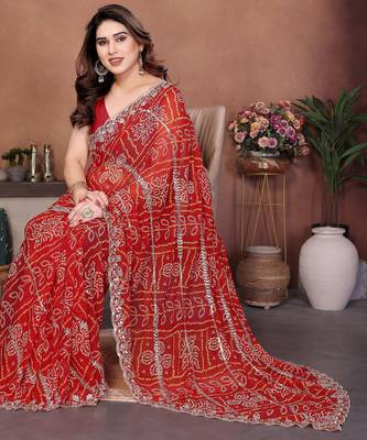 Graceful red sequins embroidered georgette designer party wear saree 4