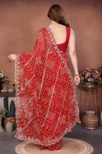 Graceful red sequins embroidered georgette designer party wear saree