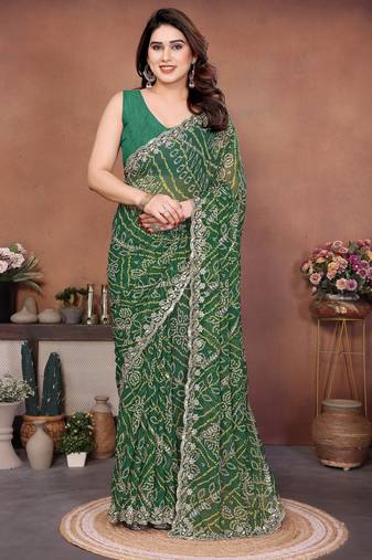 Charming green sequins embroidered georgette designer traditional saree