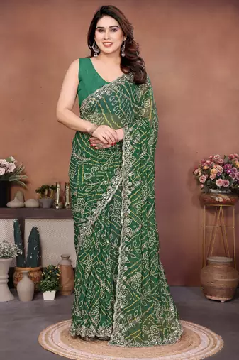 Charming green sequins embroidered georgette designer traditional saree