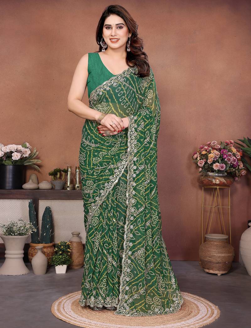 Charming green sequins embroidered georgette designer traditional saree