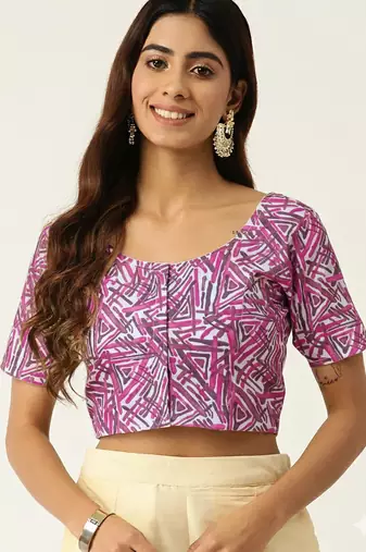 Pink cotton sanganeri printed non padded blouse