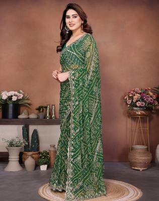 Charming green sequins embroidered georgette designer traditional saree 3