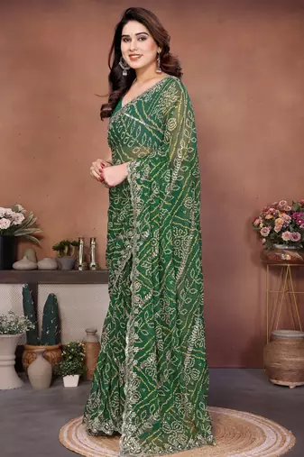 Charming green sequins embroidered georgette designer traditional saree