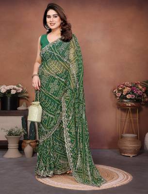 Charming green sequins embroidered georgette designer traditional saree 4