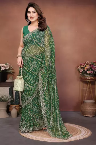 Charming green sequins embroidered georgette designer traditional saree