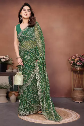 Charming green sequins embroidered georgette designer traditional saree