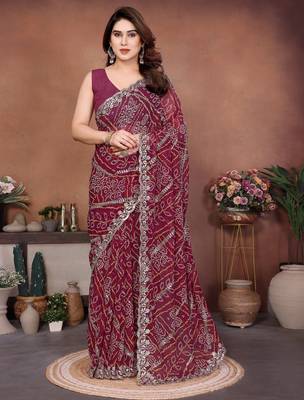 Colorful maroon sequins embroidered georgette ceremonian saree 1