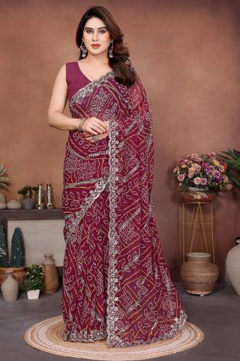 Colorful maroon sequins embroidered georgette ceremonian saree