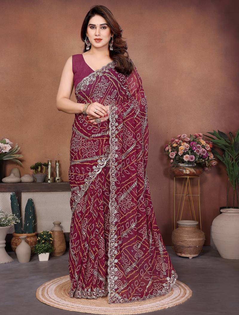 Colorful maroon sequins embroidered georgette ceremonian saree