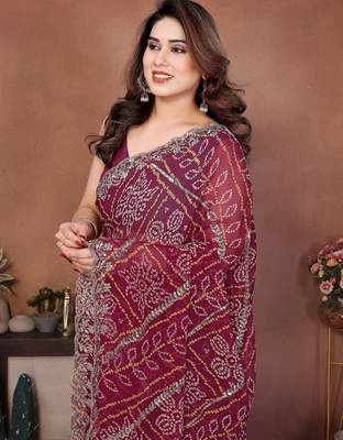 Colorful maroon sequins embroidered georgette ceremonian saree 2