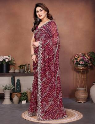 Colorful maroon sequins embroidered georgette ceremonian saree 3