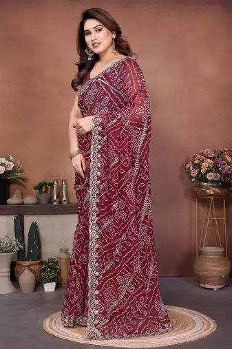 Colorful maroon sequins embroidered georgette ceremonian saree