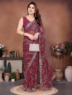 Colorful maroon sequins embroidered georgette ceremonian saree 4