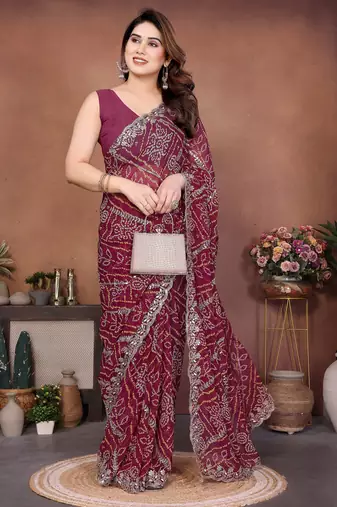 Colorful maroon sequins embroidered georgette ceremonian saree