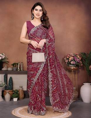 Colorful maroon sequins embroidered georgette ceremonian saree 5