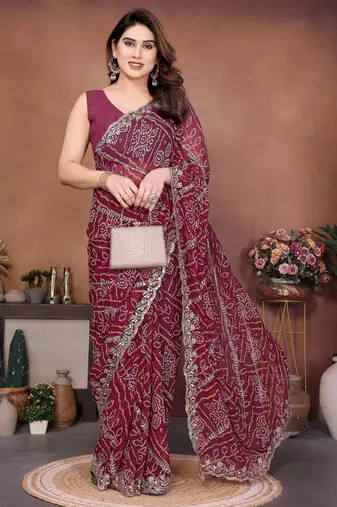 Colorful maroon sequins embroidered georgette ceremonian saree