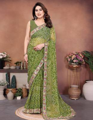 Comely green sequins embroidered georgette festival saree 1