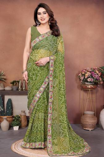 Comely green sequins embroidered georgette festival saree