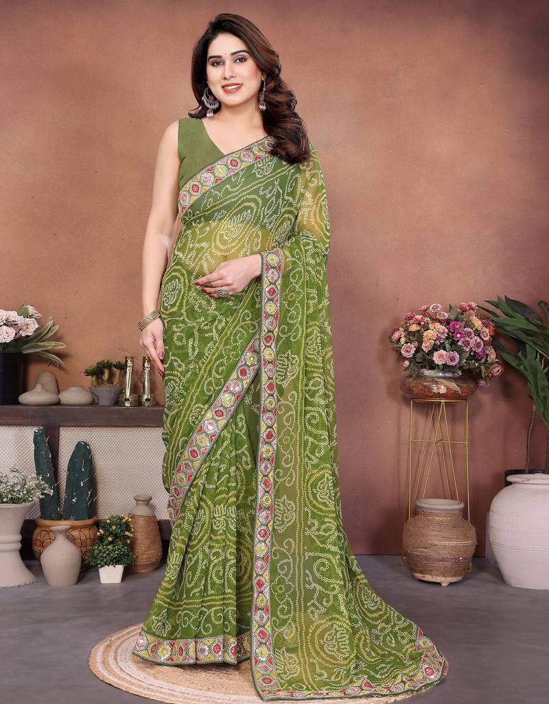Comely green sequins embroidered georgette festival saree