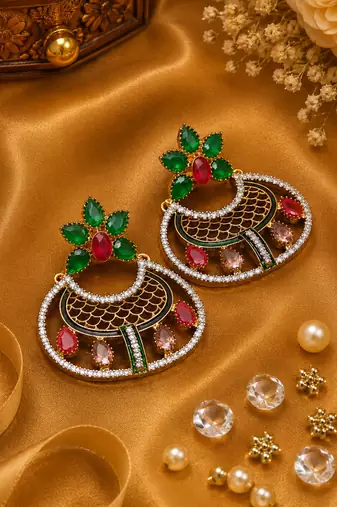 Gold plated multicolor ad stone statement earrings