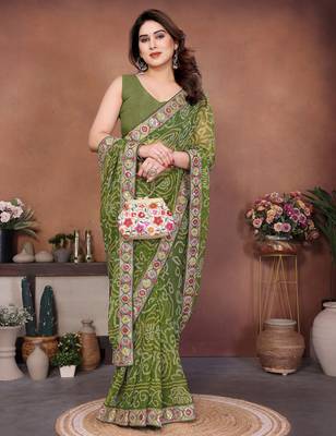Comely green sequins embroidered georgette festival saree 4