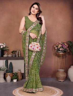 Comely green sequins embroidered georgette festival saree 5
