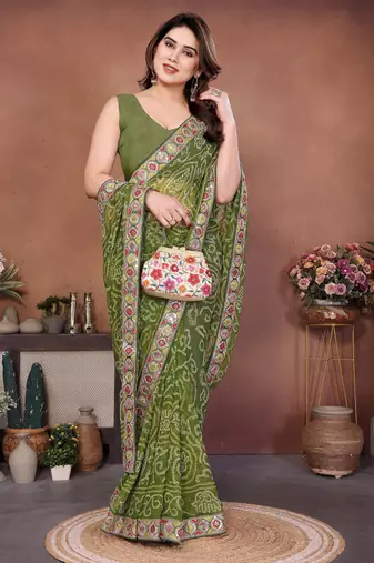 Comely green sequins embroidered georgette festival saree