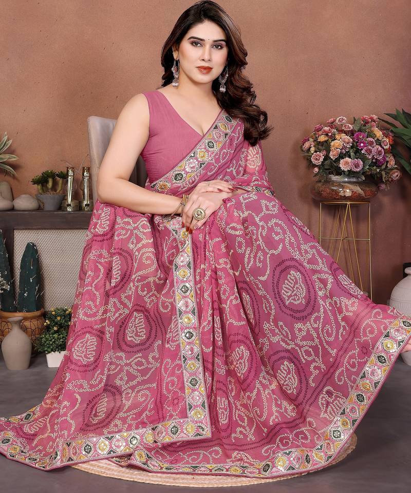 Delightfully pink sequins embroidered georgette designer bollywood saree
