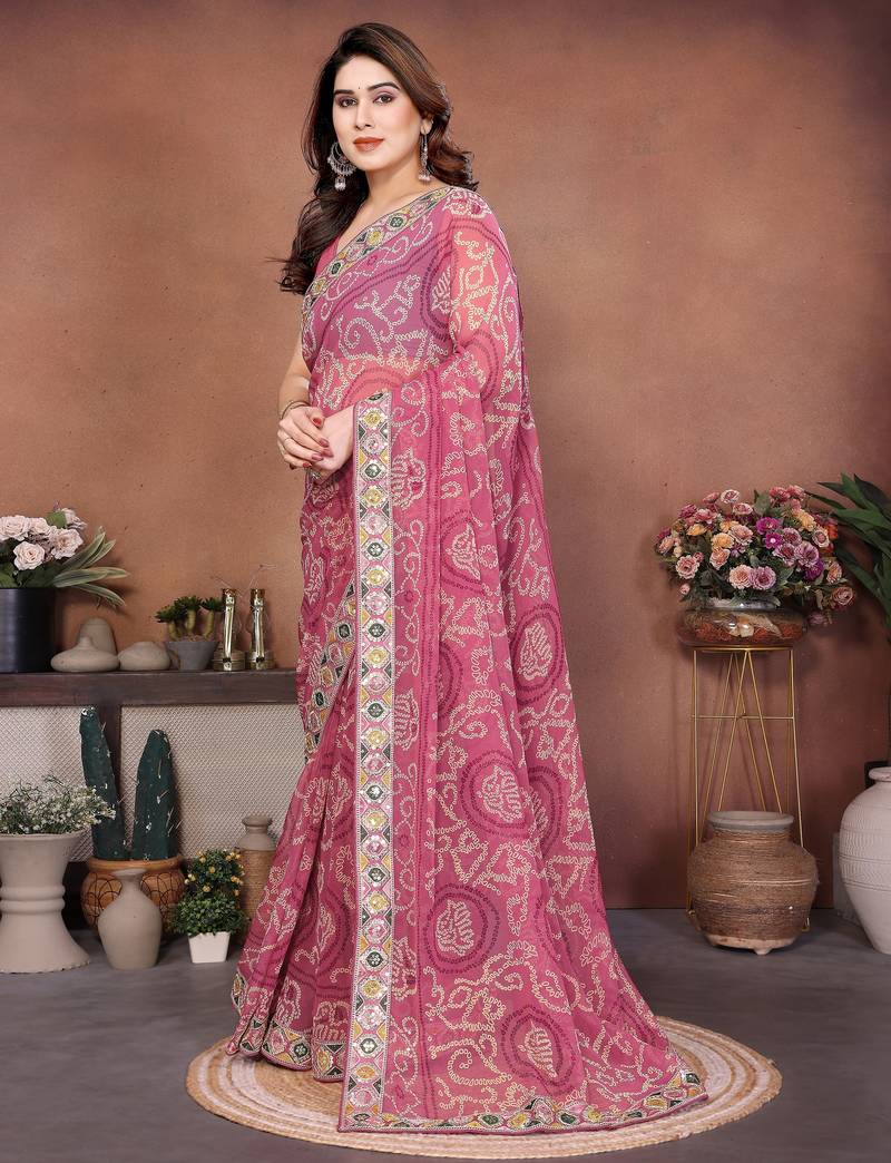 Delightfully pink sequins embroidered georgette designer bollywood saree