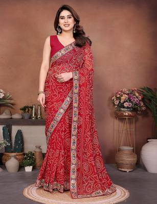 Attractive red sequins embroidered georgette wedding and party wear saree 1
