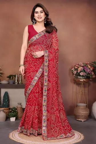Attractive red sequins embroidered georgette wedding and party wear saree