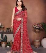 Attractive red sequins embroidered georgette wedding and party wear saree