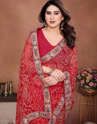Attractive red sequins embroidered georgette wedding and party wear saree 2