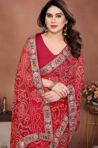 Attractive red sequins embroidered georgette wedding and party wear saree