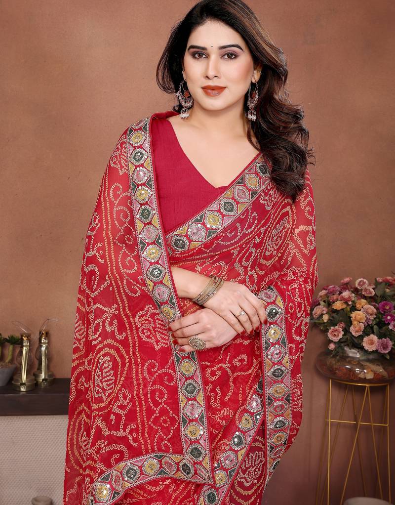 Attractive red sequins embroidered georgette wedding and party wear saree
