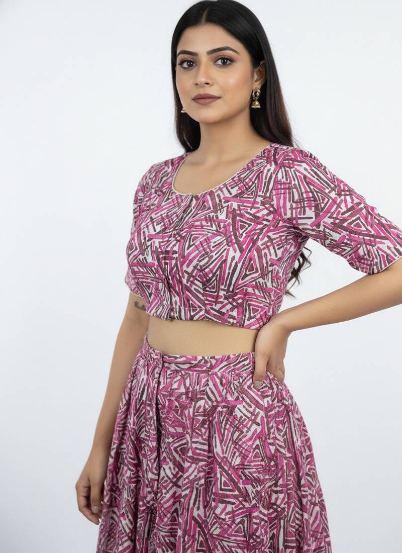 Pink cotton sanganeri printed non padded blouse