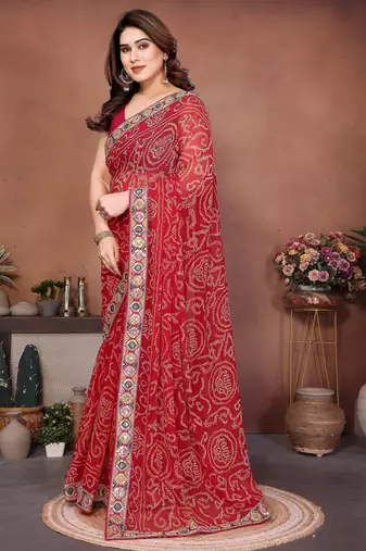 Attractive red sequins embroidered georgette wedding and party wear saree