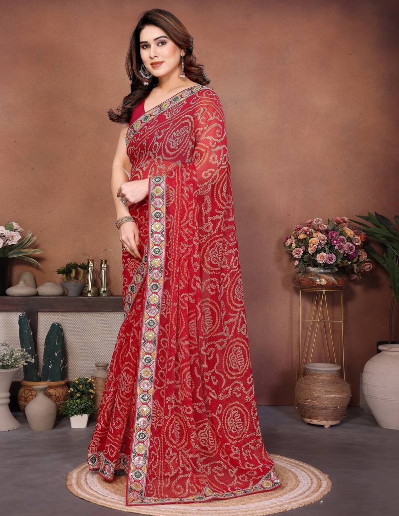 Attractive red sequins embroidered georgette wedding and party wear saree