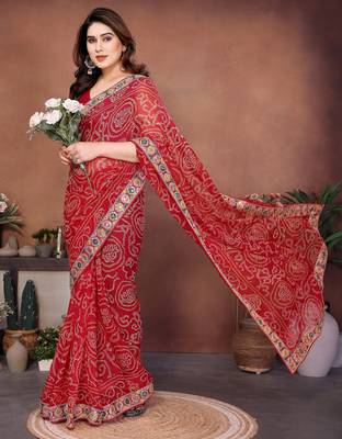 Attractive red sequins embroidered georgette wedding and party wear saree 4